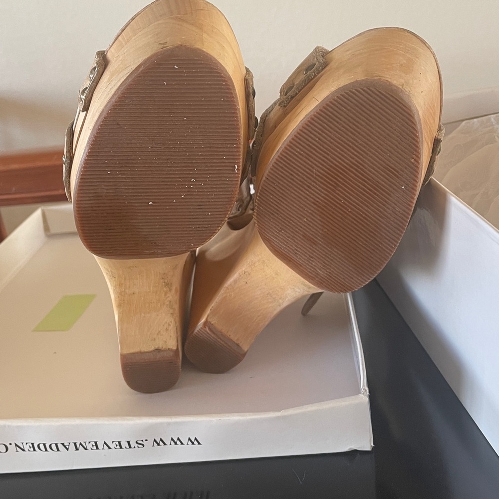 Steve Madden Beige Leather Cutout Platform Wedge Sandals HANDMADE - Picture 7 of 8